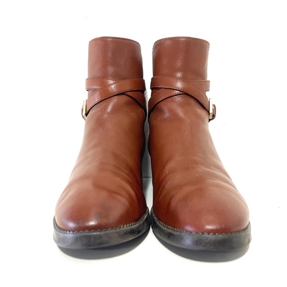 Tory Burch Sidney Low Heel Leather Ankle Bootie in Penny Brown Golden Logo Boots - Picture 6 of 13